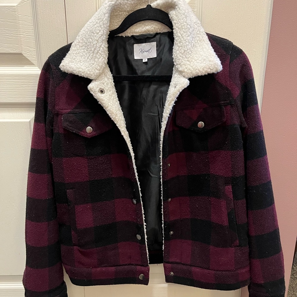 Kismet Burgundy Plaid Jacket with Cream Sherpa Lining